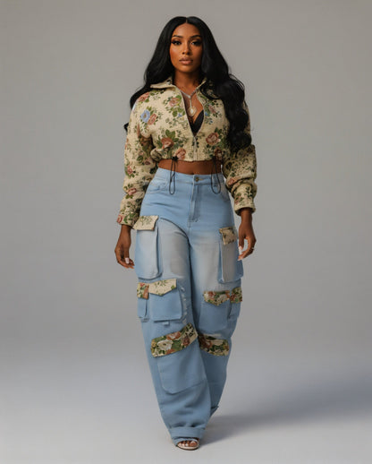 SHENA Floral Cropped Jacket & Cargo Jean Set
