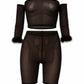 RAMIRA Faux Feather Trim Mesh Top & Shorts Set