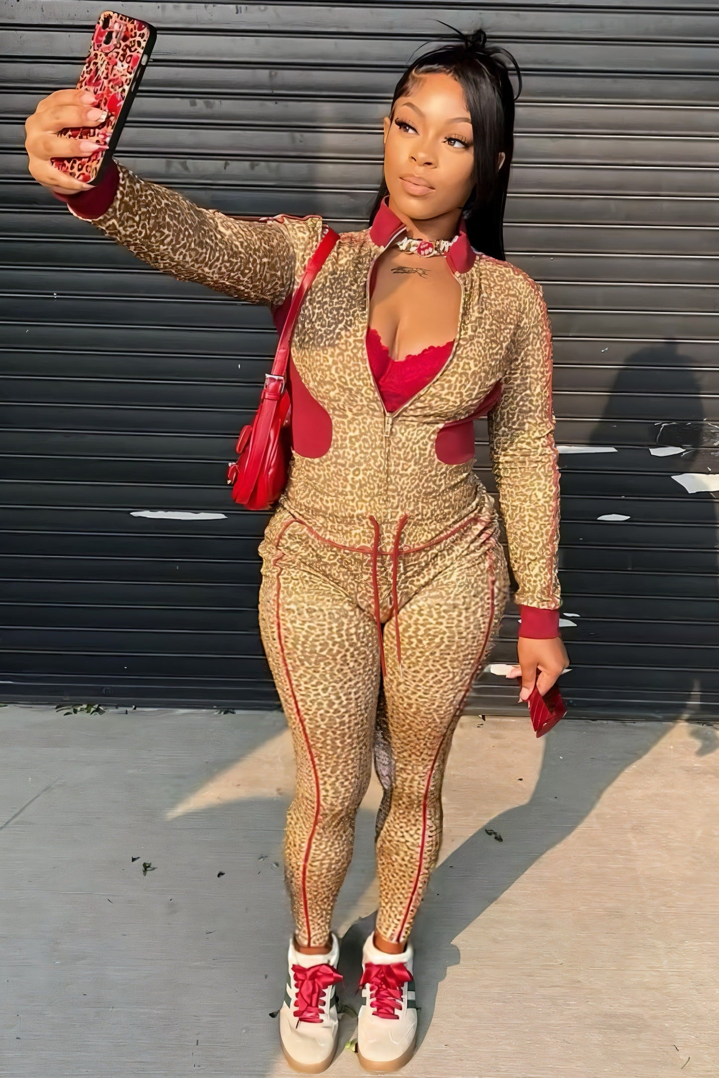 DERMA Leopard Print Zip-up Top & Leggings Set