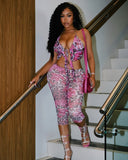 CHESKA Floral & Leopard Print Top & Capri Pant Set