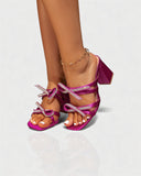 MICHIKO Strappy Rhinestone Bow Block Heel Sandals