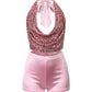 KELIA Sequin Halter Top & Satin Short Set