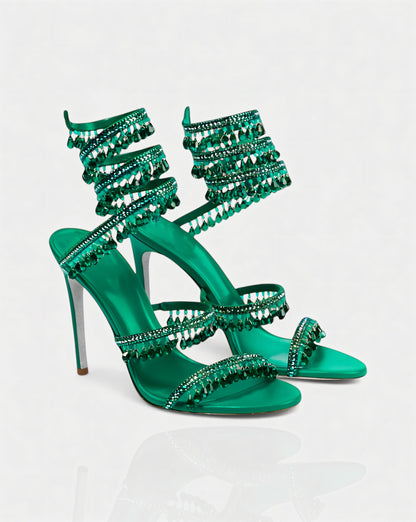 ALYRA Rhinestone Tassel Ankle-Wrap High Heels