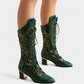 AROLA Lace-Up Embroidered Mid-Calf Boots
