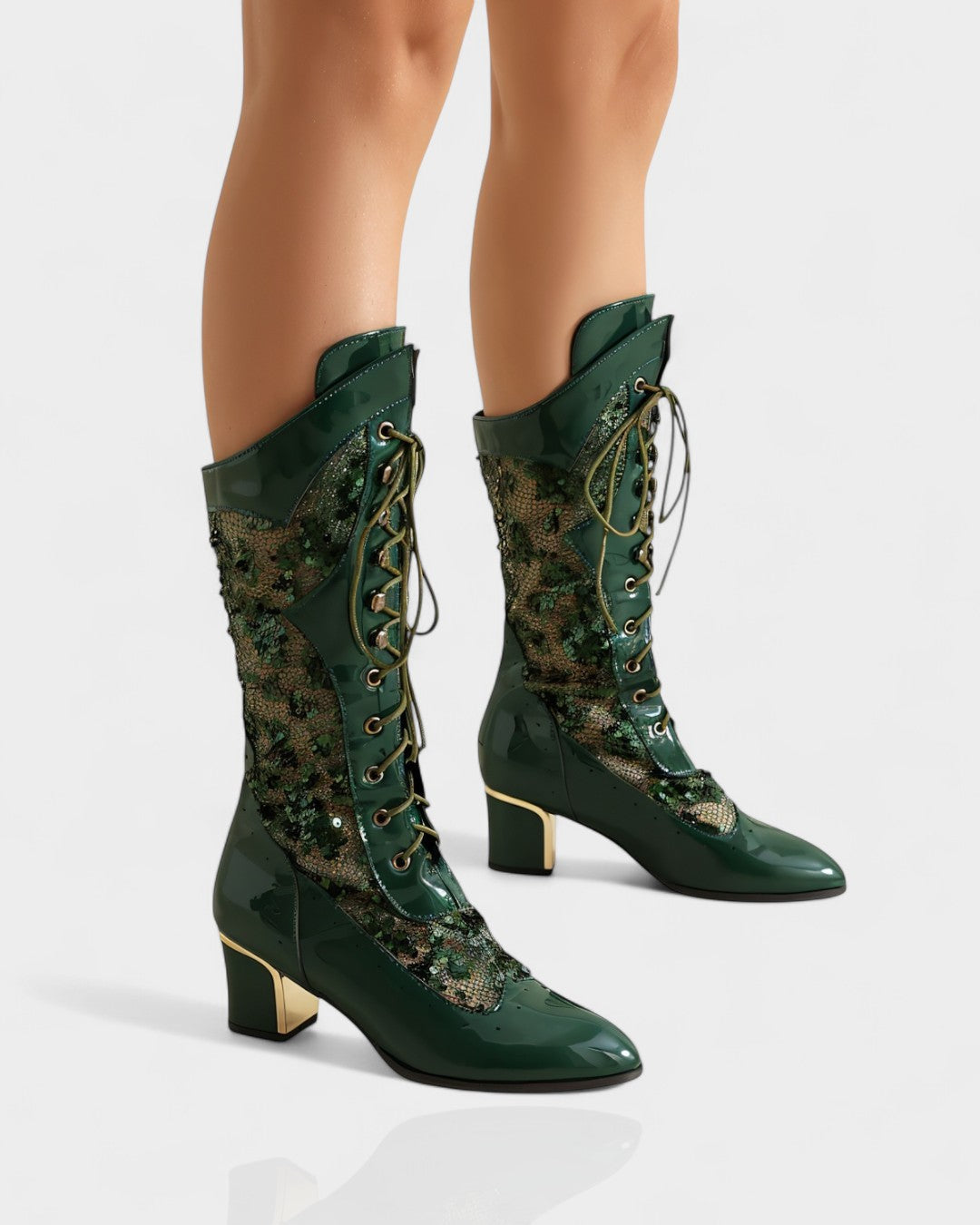 AROLA Lace-Up Embroidered Mid-Calf Boots