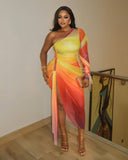 LUMEA One-Shoulder Mesh Drape Maxi Dress