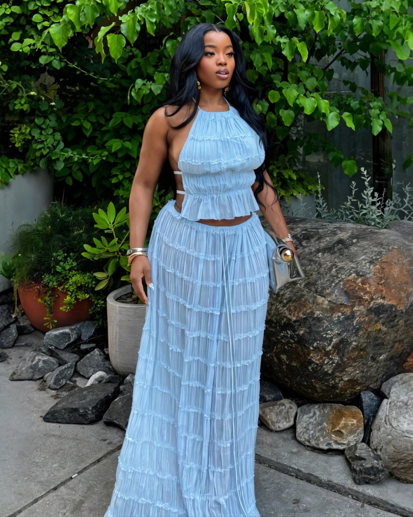 CHRISTINE Sheer Ruched Halter Top and Maxi Skirt Set