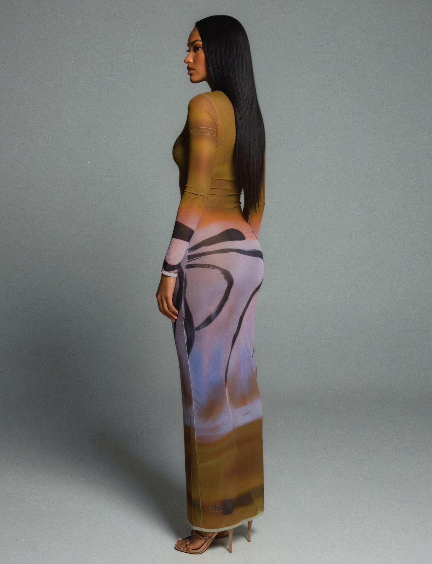 MACY Abstract Print Long Sleeve Mesh Maxi Dress