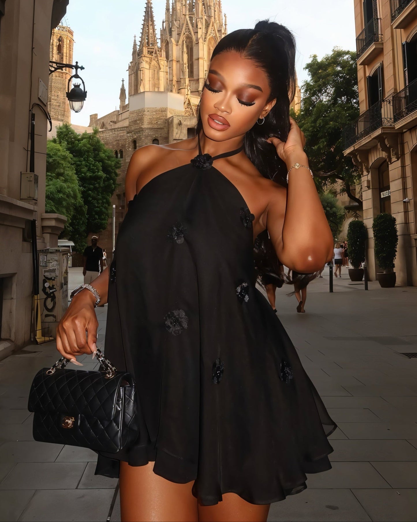 EMELIYA 3D Flower Halter Mini dress