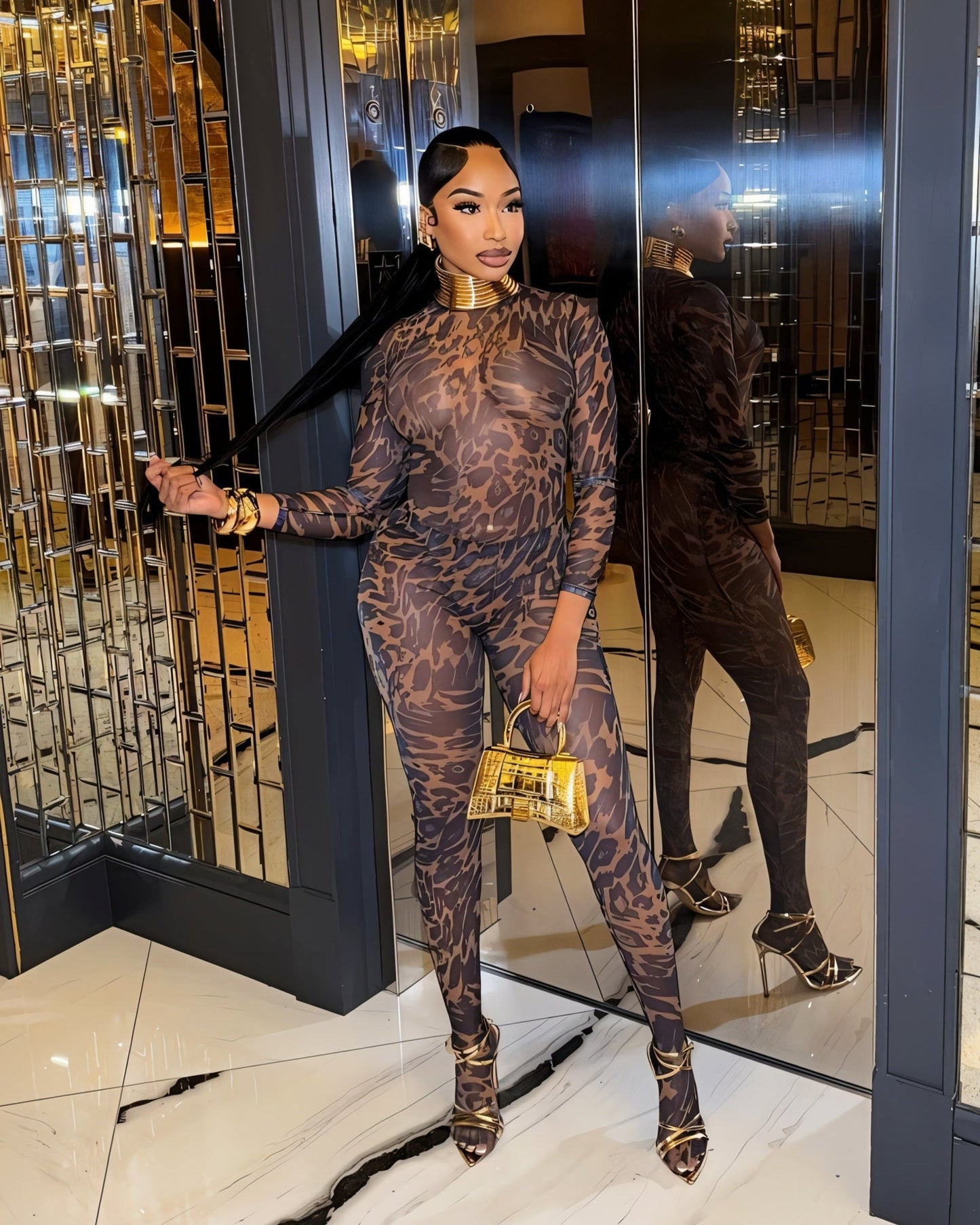 STACIA Leopard Print Long Sleeve Bodysuit & Tights Set