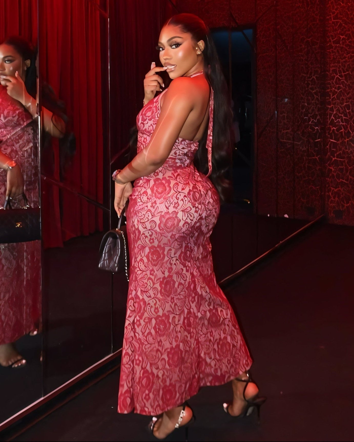 TYRAE Floral Lace Halter Maxi Dress