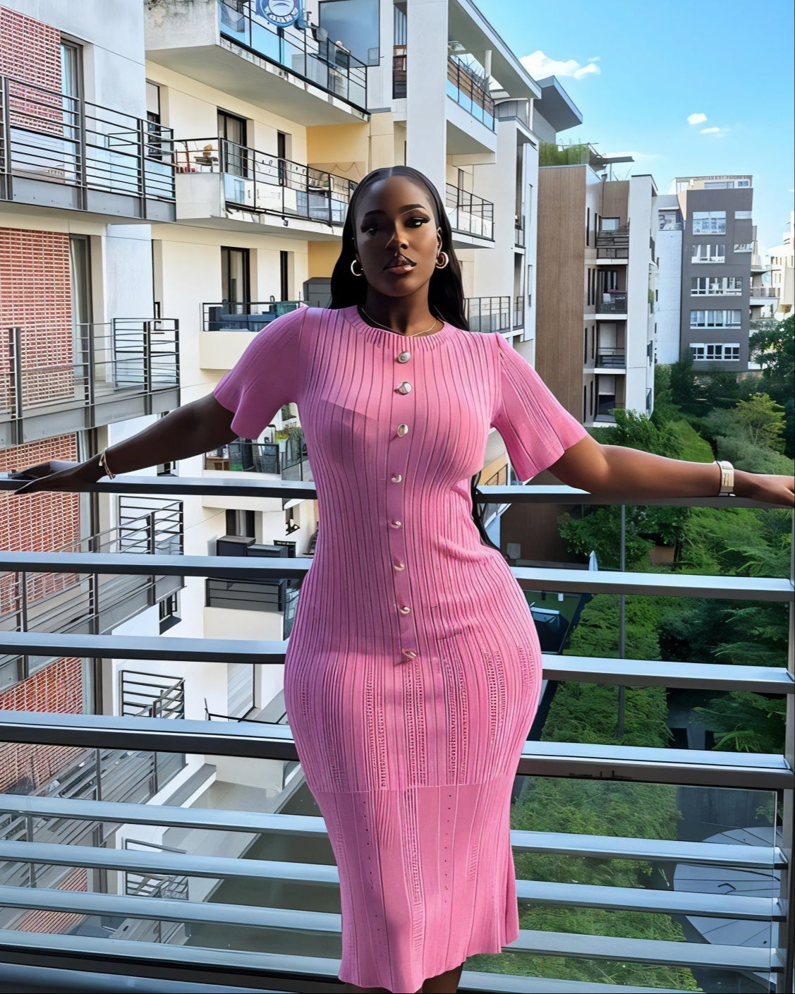 CRISSA Ribbed Button-Front Knit Midi Dress