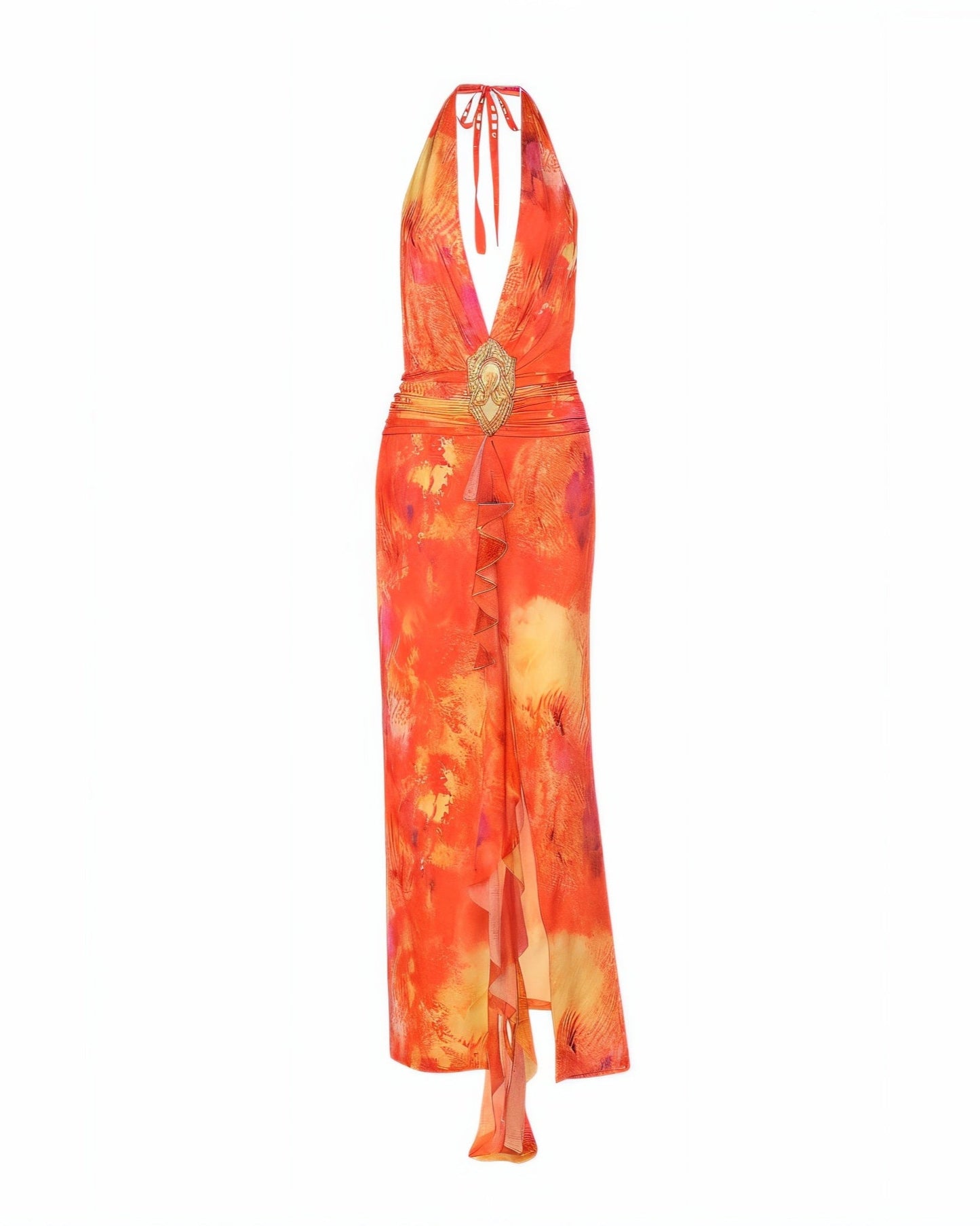 DIVINE V-neck Ruffled Slit Halter Midi Dress