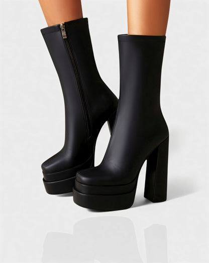 SOREYA Thick Heel Faux Leather Boots