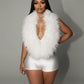 LANNY Deep V Neck Faux Feather Satin Romper