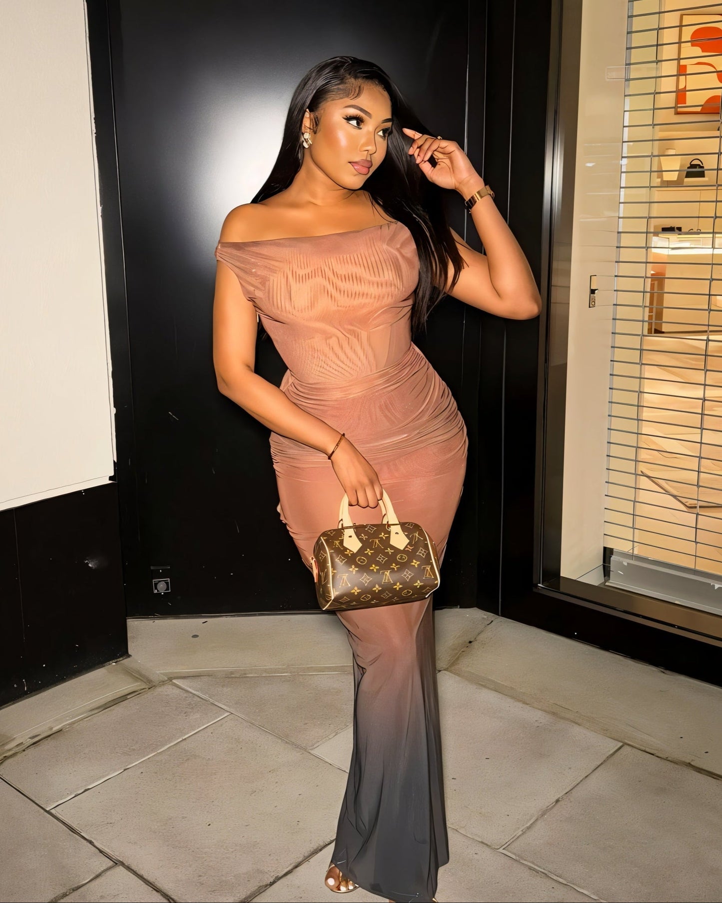 DELMA Mesh Ruched Off-Shoulder Maxi Dress