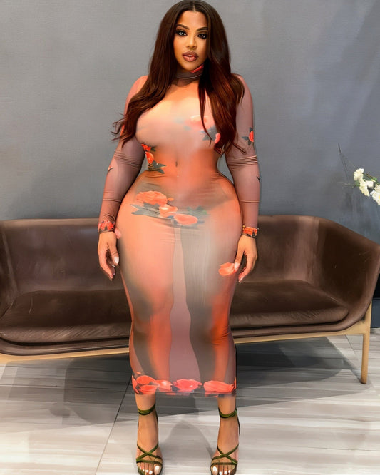 MIREYA Printed Round Neck Maxi Dress