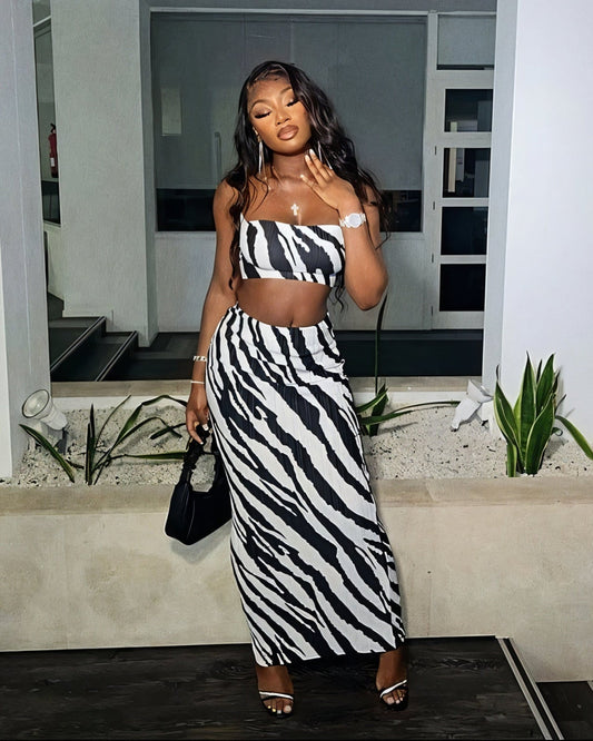 CLARIS Zebra Print Crop Top and Maxi Skirt Set