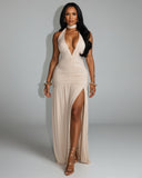 SORAYA Backless Halter Plunge Maxi Dress
