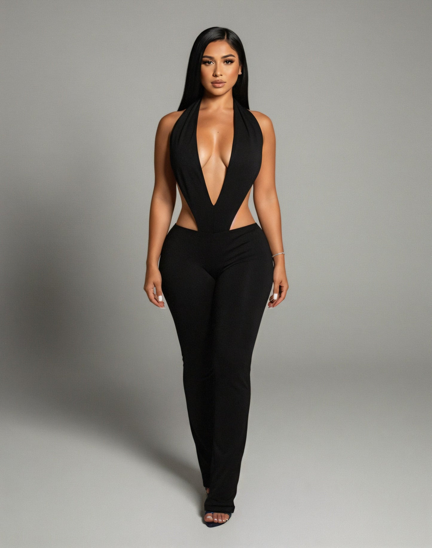 ELONA Deep Plunge Halter Flare Jumpsuit