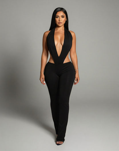 ELONA Deep Plunge Halter Flare Jumpsuit