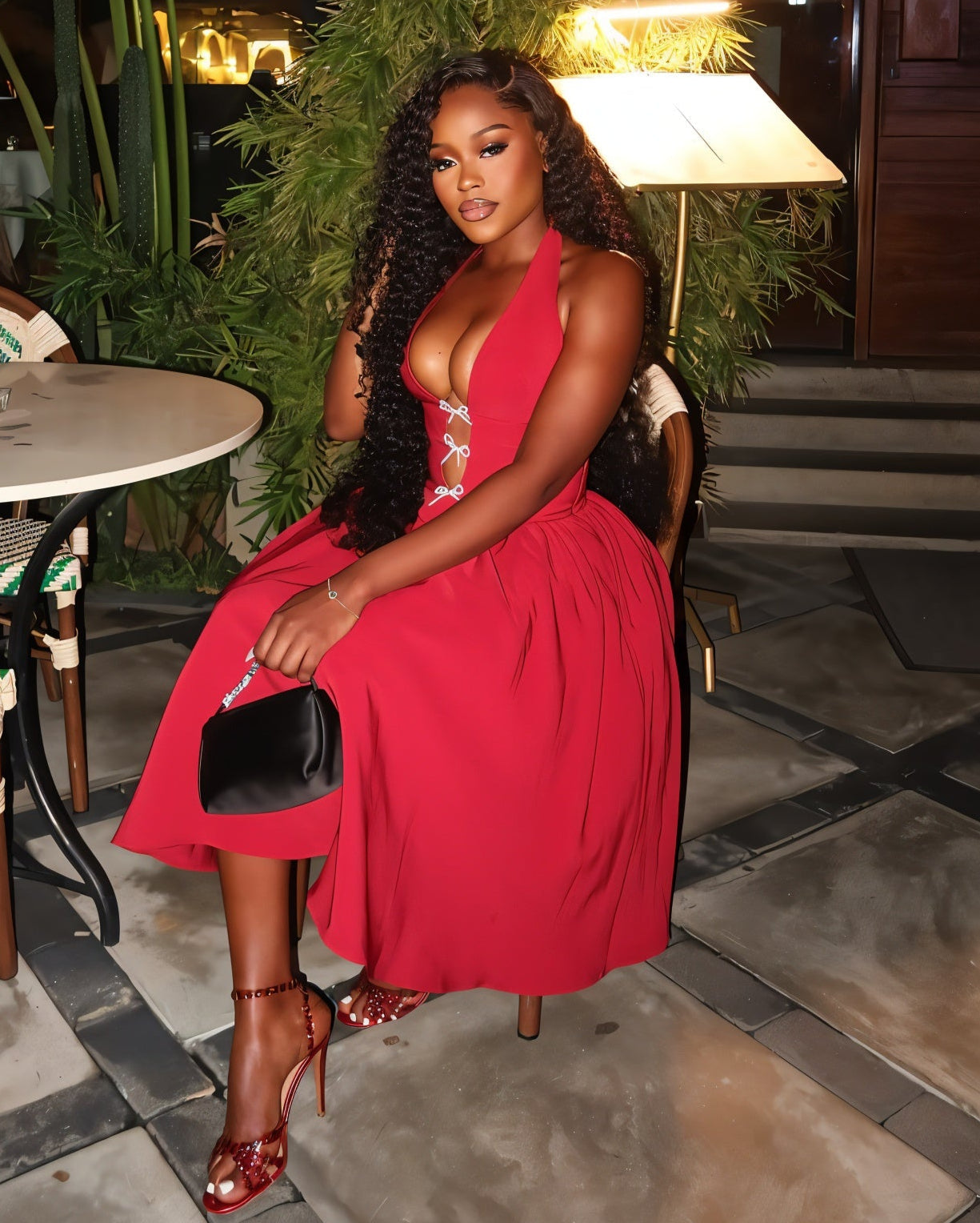 TALORA Embellished Bow Halter Midi Dress