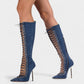 ESCAS Lace-Up Mesh Knee-High Stiletto Boots