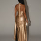 ARAYA Metallic Ruched High-Slit Maxi Dress