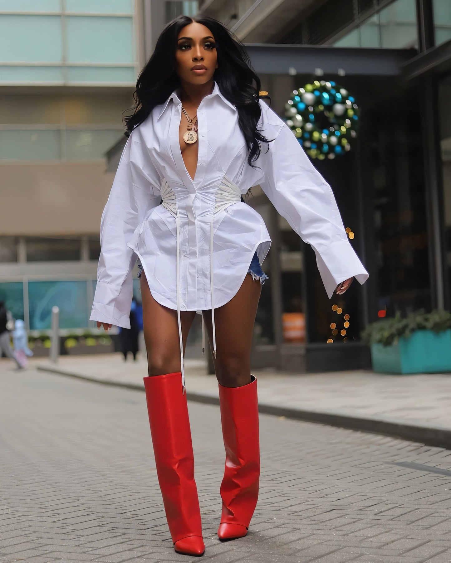ALEXANDRA Corset Waist Button-Up Shirt Dress