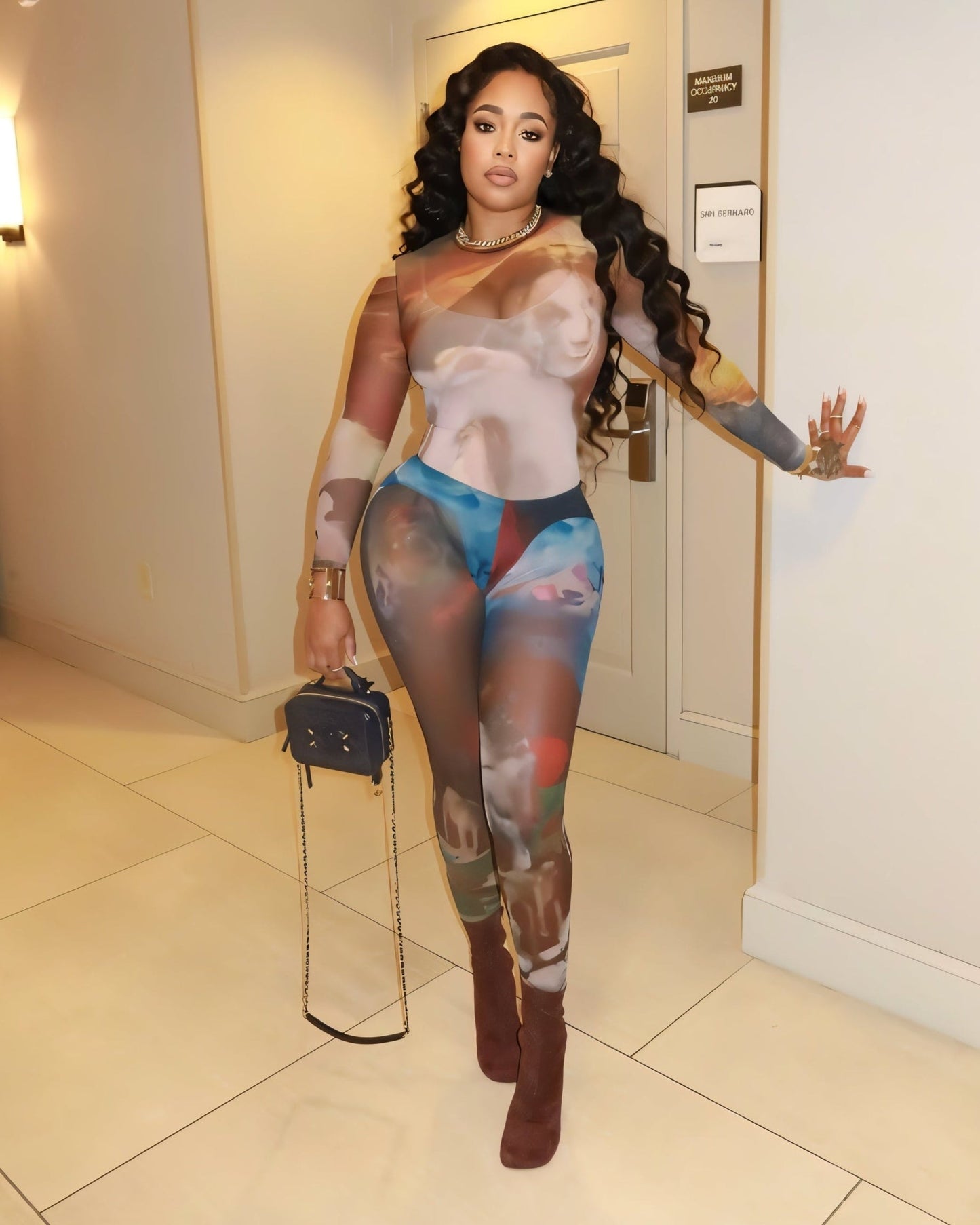 SHELBY Abstract Print Mesh Top & Tights Set