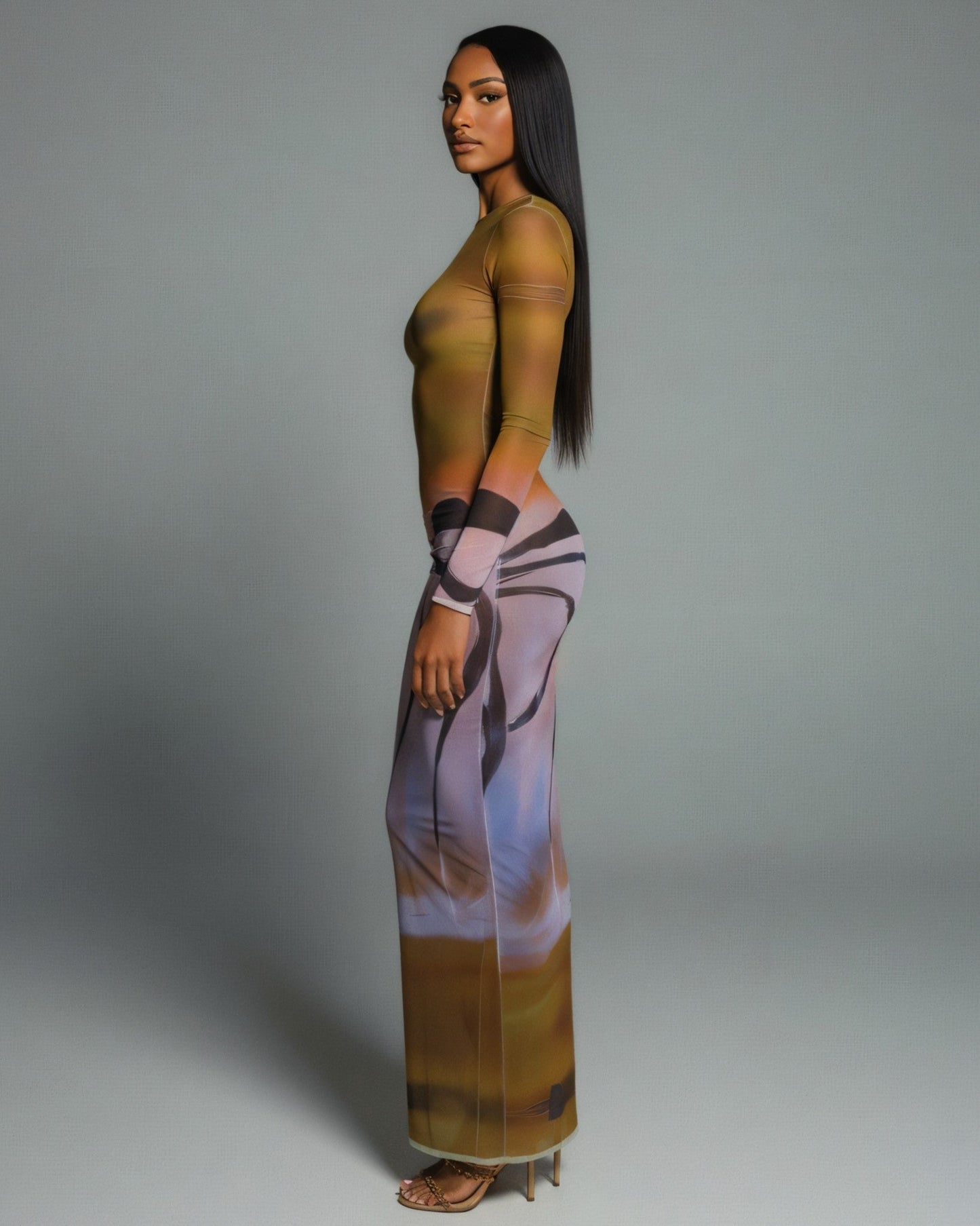 MACY Abstract Print Long Sleeve Mesh Maxi Dress