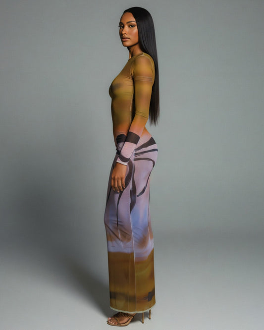 MACY Abstract Print Long Sleeve Mesh Maxi Dress