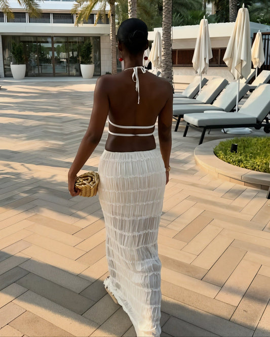 CHRISTINE Sheer Ruched Halter Top and Maxi Skirt Set