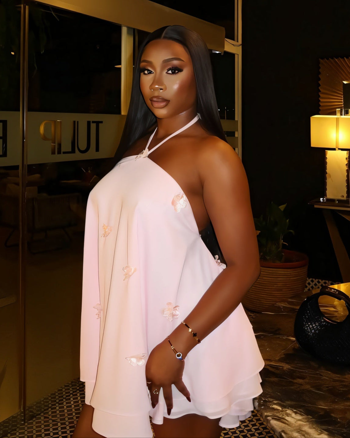 EMELIYA 3D Flower Halter Mini dress