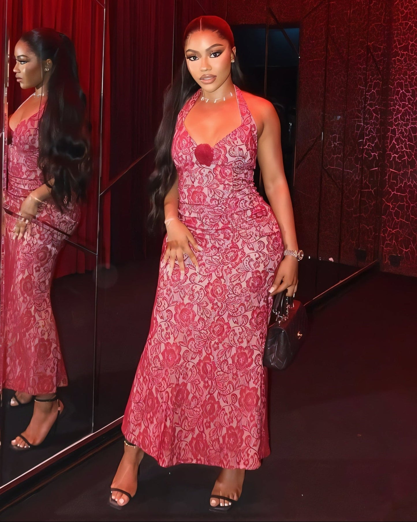 TYRAE Floral Lace Halter Maxi Dress