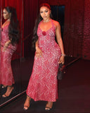 TYRAE Floral Lace Halter Maxi Dress