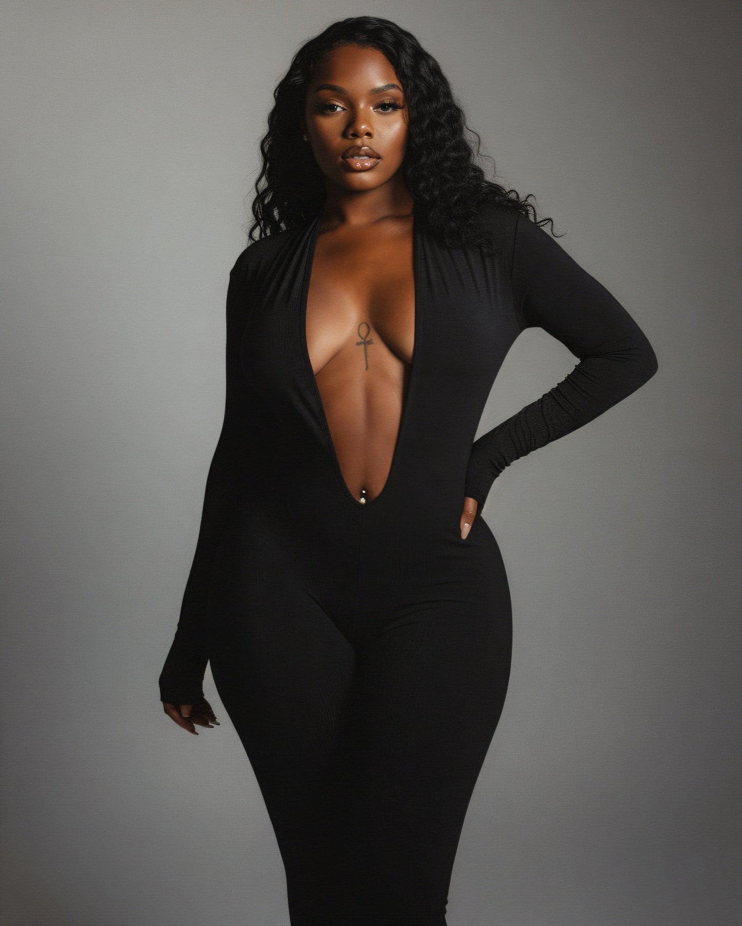 VEYONA Plunge Neck Long Sleeve Jumpsuit