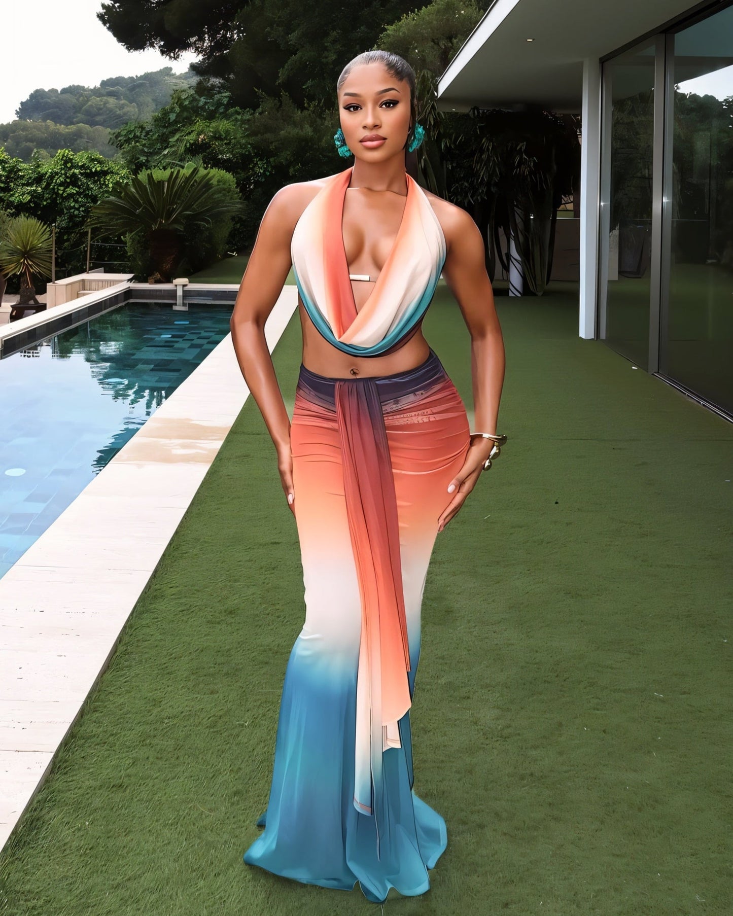 CHANEL Gradient Print Cowl Top and Maxi Skirt Set