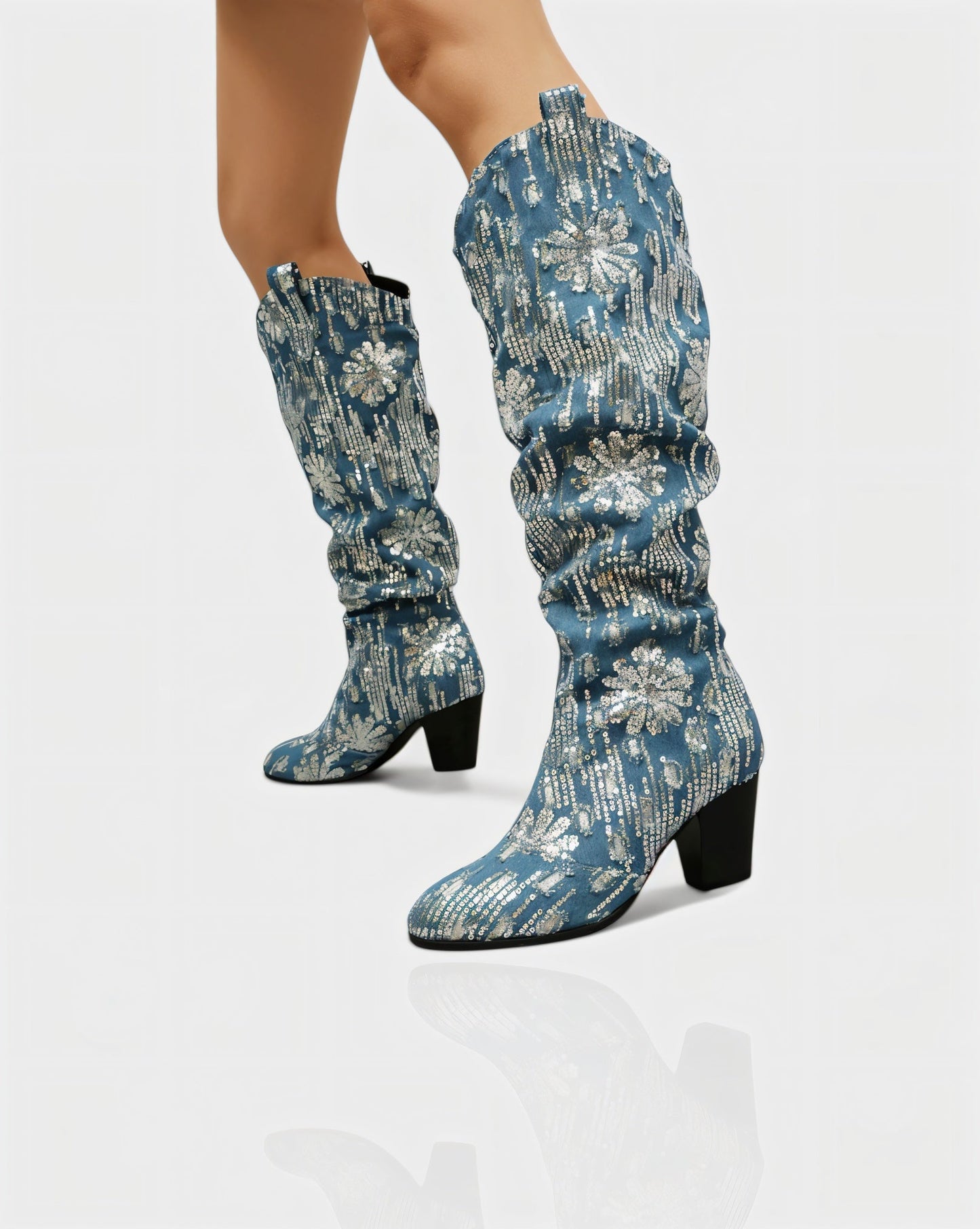 DIANNE Sequin Floral Denim Cowboy Boots