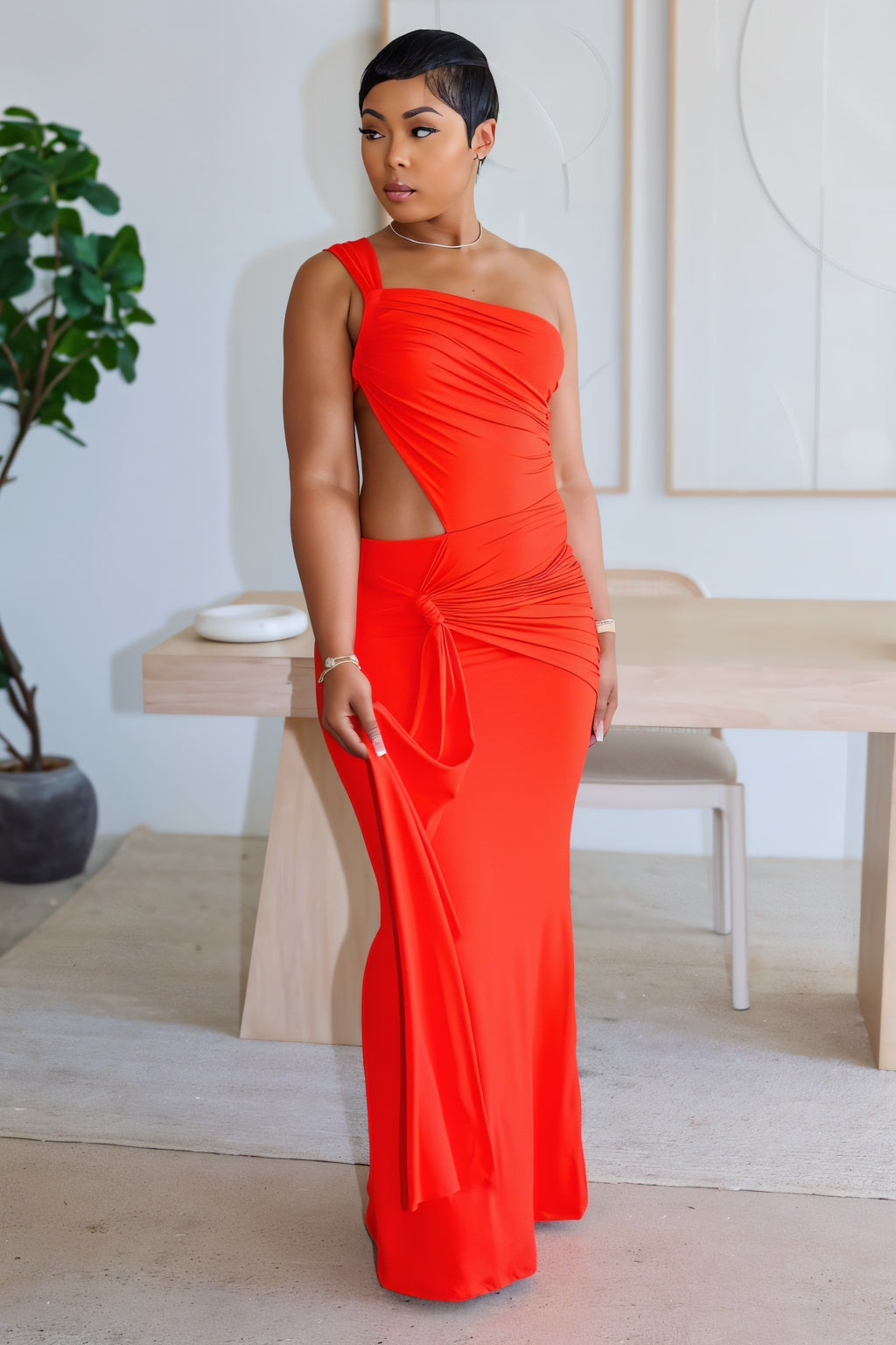 CARMEN Asymmetric Ruched Cutout Maxi Dress