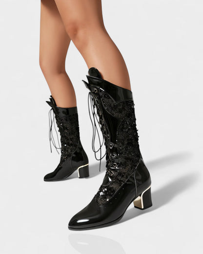 AROLA Lace-Up Embroidered Mid-Calf Boots