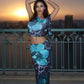 VIONETTE One-Shoulder Floral Leopard Print Top & Maxi Skirt Set