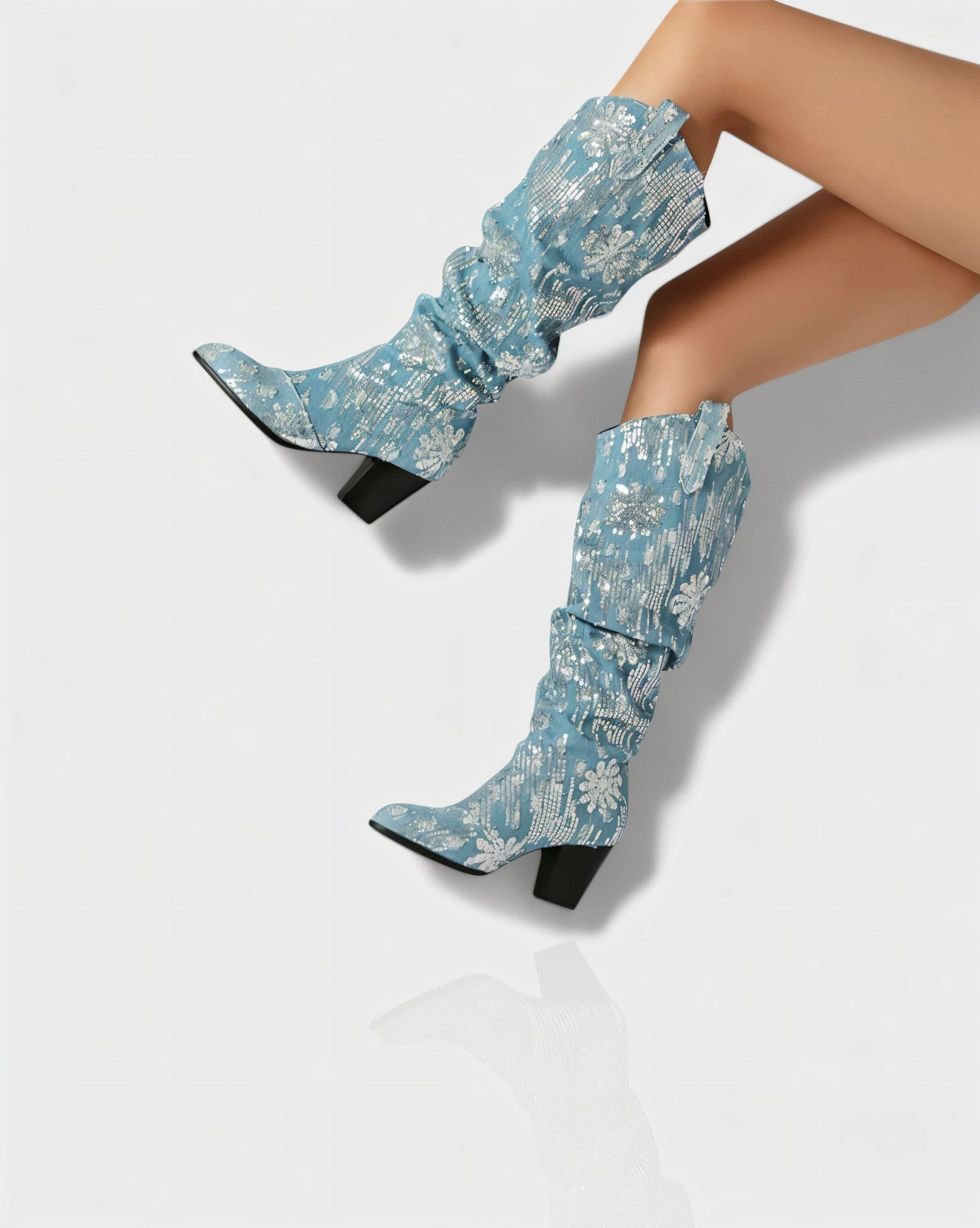 DIANNE Sequin Floral Denim Cowboy Boots