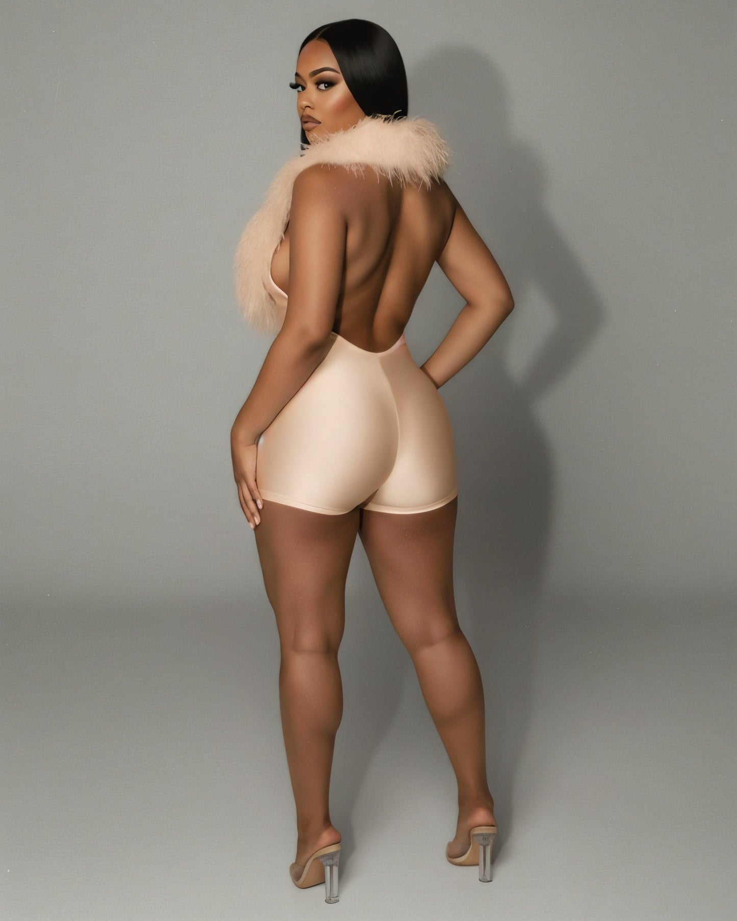 LANNY Deep V Neck Faux Feather Satin Romper