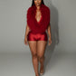 LANNY Deep V Neck Faux Feather Satin Romper