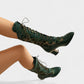 AROLA Lace-Up Embroidered Mid-Calf Boots
