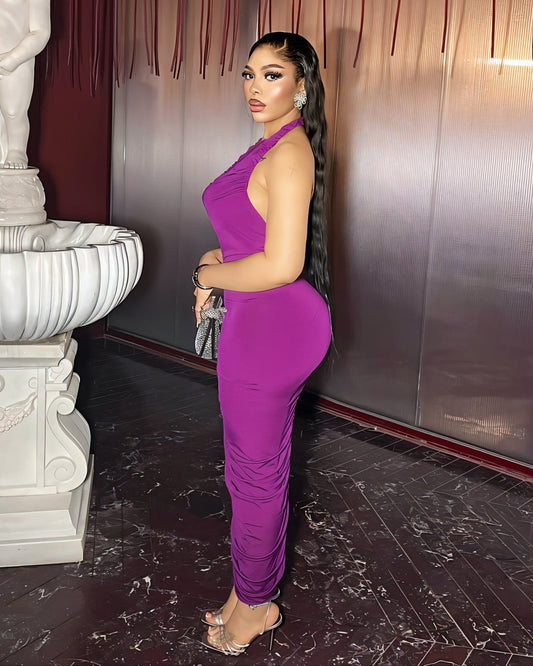 ESTELA Ruched Plunge Halter Midi Dress