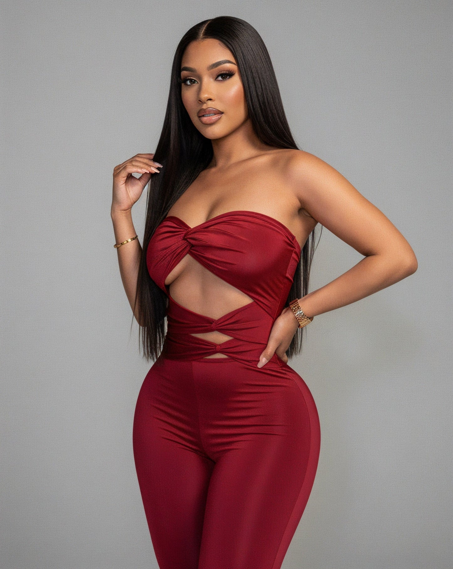 ZANIYA Strapless Twist-Front Flare Jumpsuit