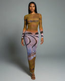 MACY Abstract Print Long Sleeve Mesh Maxi Dress