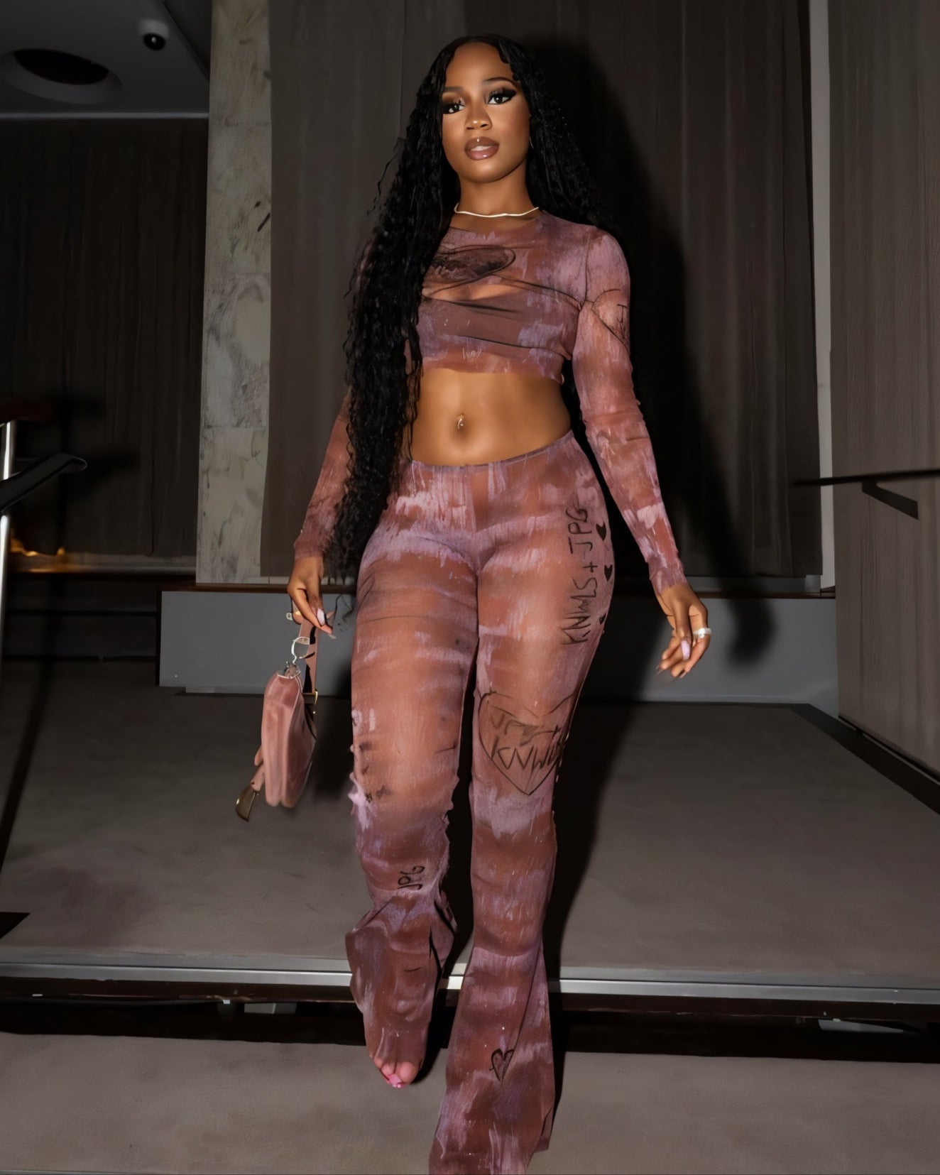 EVARINE Graffiti Print Mesh Long Sleeve Top & Flare Pants Set